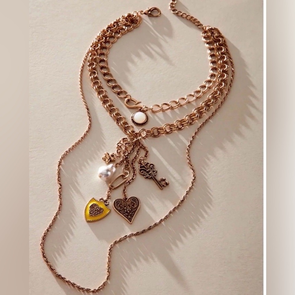Free People Layered Rose Gold Charm Necklace with Heart, Key & Pearl